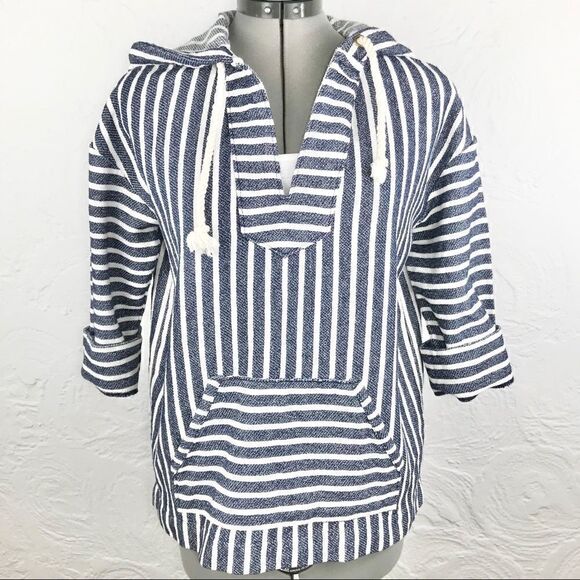 J. Crew Blue / Cream Striped Nautical Coastal Popover Beach Hoodie - Picture 12 of 16